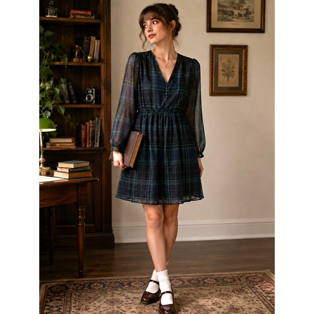 A New Day Plaid V-Neck Long Sleeve Button Fit & Flare Academia Dress Sz M *flaw